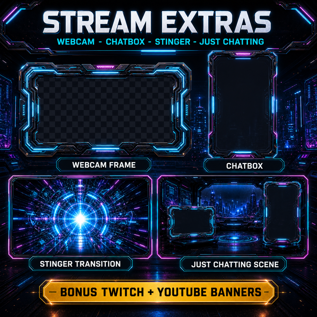 Real Futuristic Gaming webcam frame, chatbox, stinger and Just Chatting assets from the delivered pack