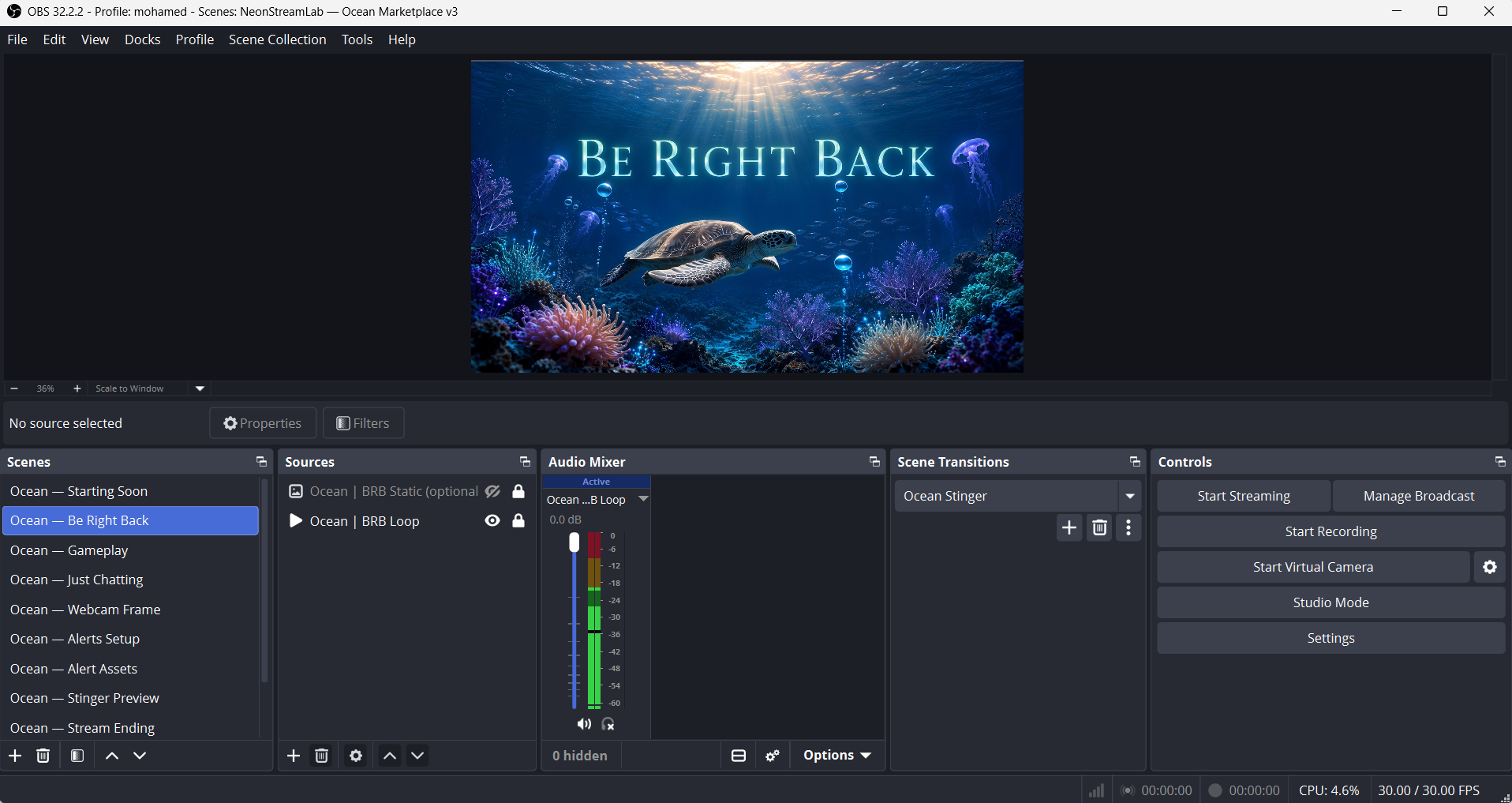 Real OBS Be Right Back scene using the Ocean overlay collection