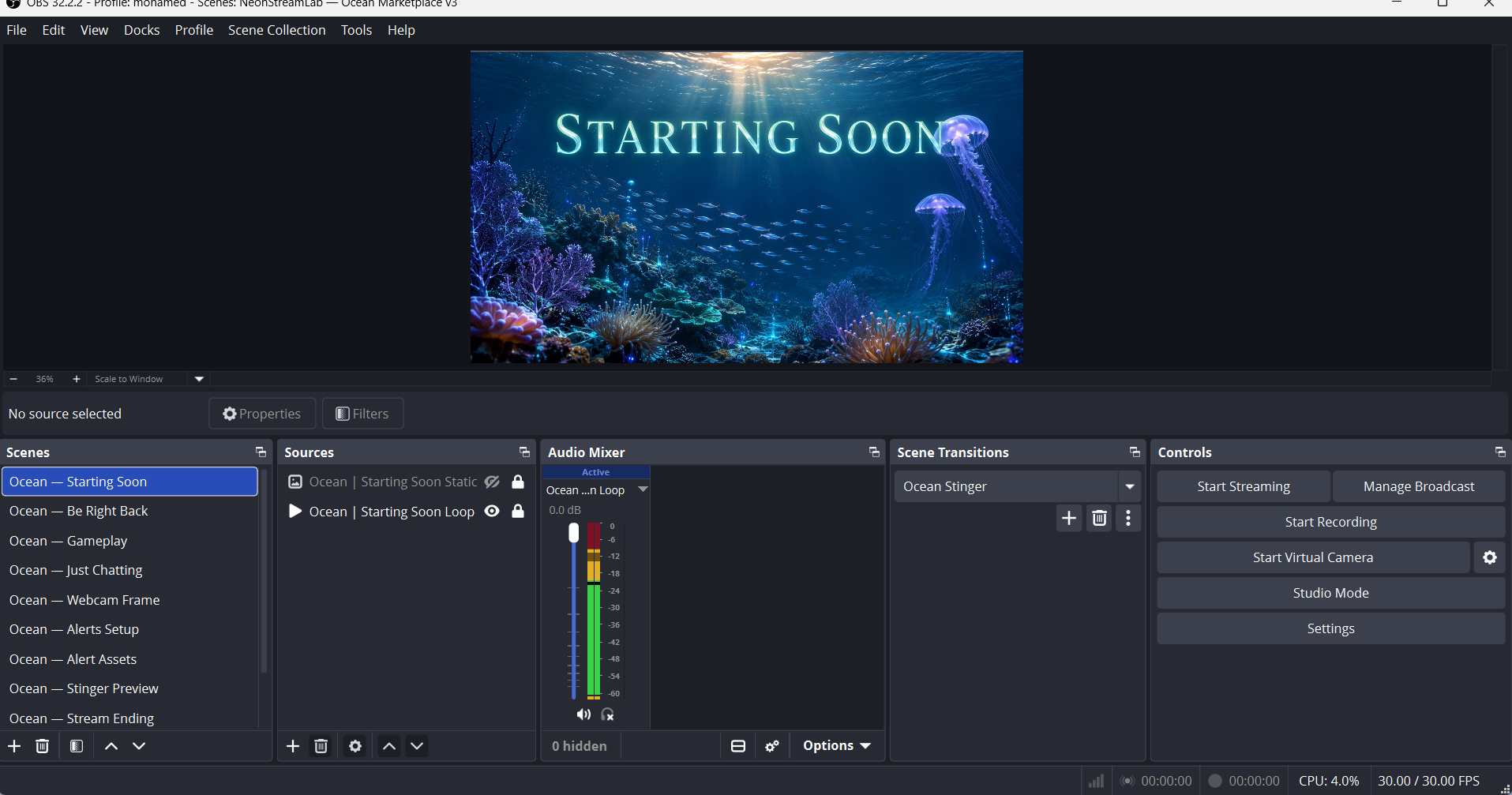 Real OBS Starting Soon scene using the Ocean overlay collection