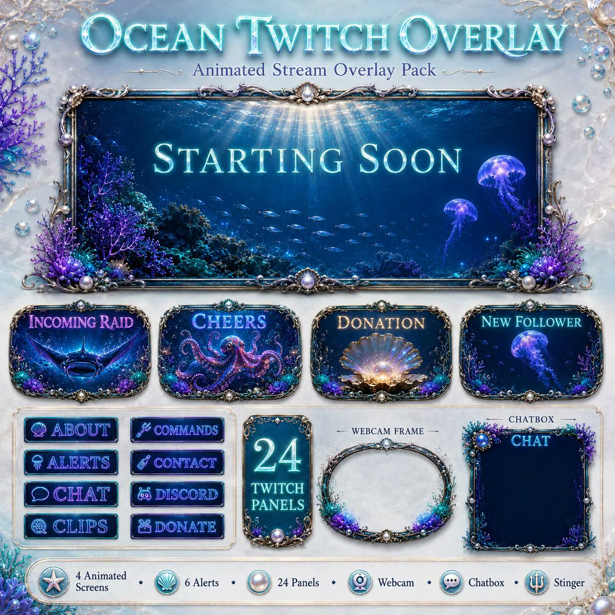 Ocean Twitch Overlay Pack with its actual Starting Soon screen, alerts, panels, webcam frame and chatbox