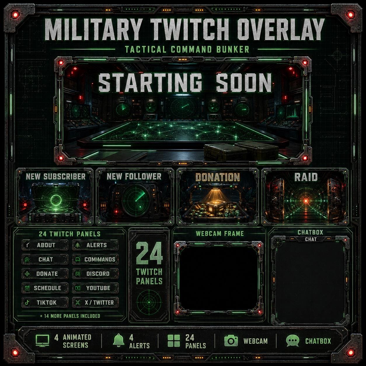 Actual NeonStreamLab Command Bunker product preview with green tactical interfaces, animated screens, alerts and matching stream elements