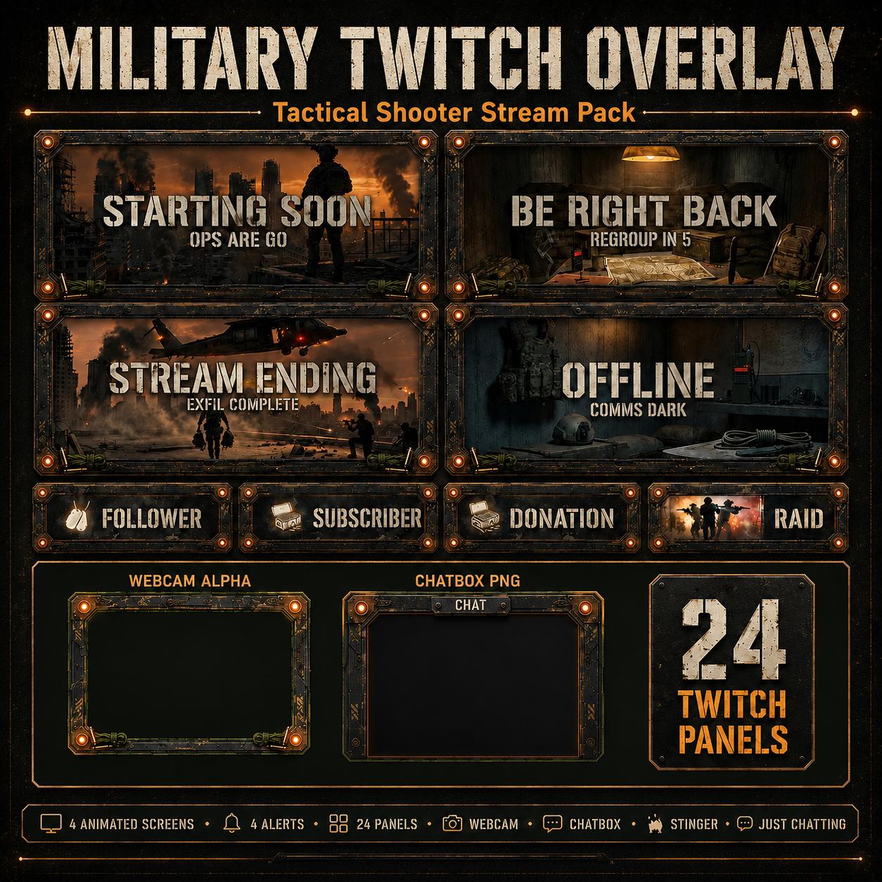 Actual NeonStreamLab Tactical Shooter product preview showing military stream screens, alerts, webcam frame and panels