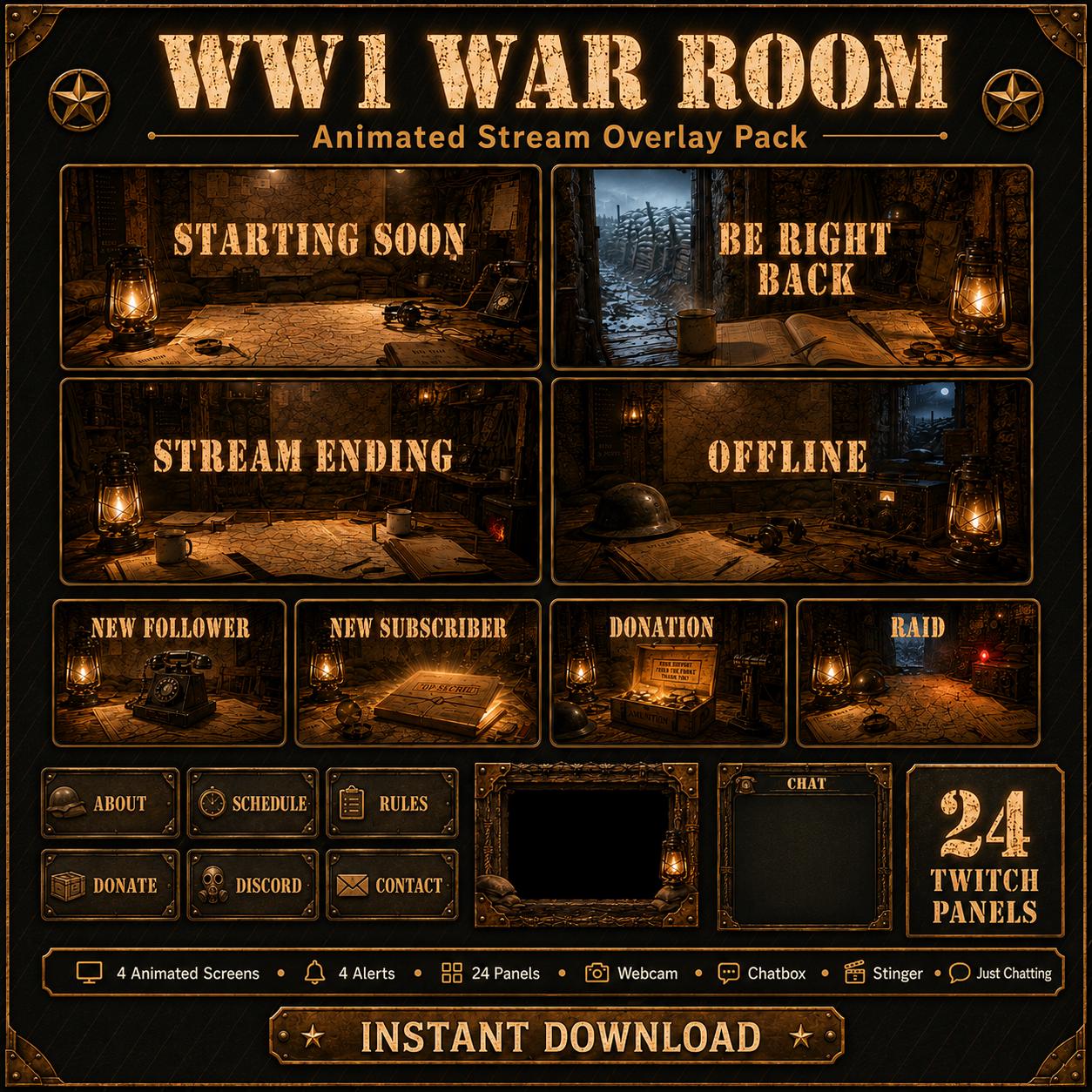 Actual NeonStreamLab WW1 War Room product preview showing a map-filled command room, warm lantern lighting and matching stream assets